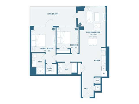 A floor plan of a home with a living room, two bedrooms, a bathroom, a kitchen, and an entry.